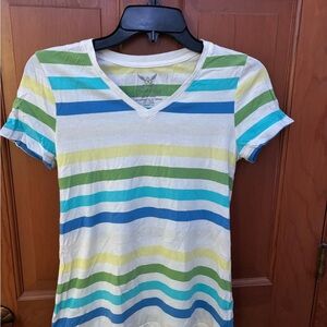 Faded Glory White and Blue Fitted Short Sleeve T-Shirt